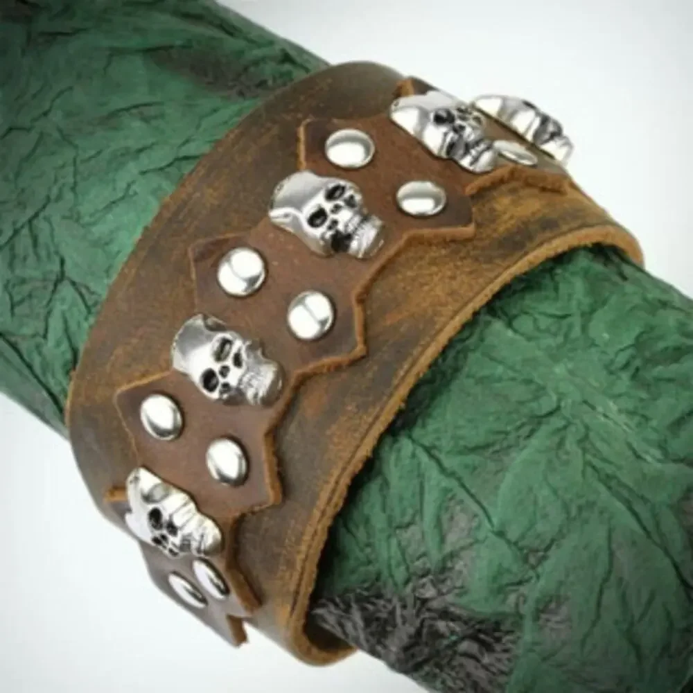 NWOT Leather‎ Bracelet with Multi Skulls and Round Studs with Spike Center